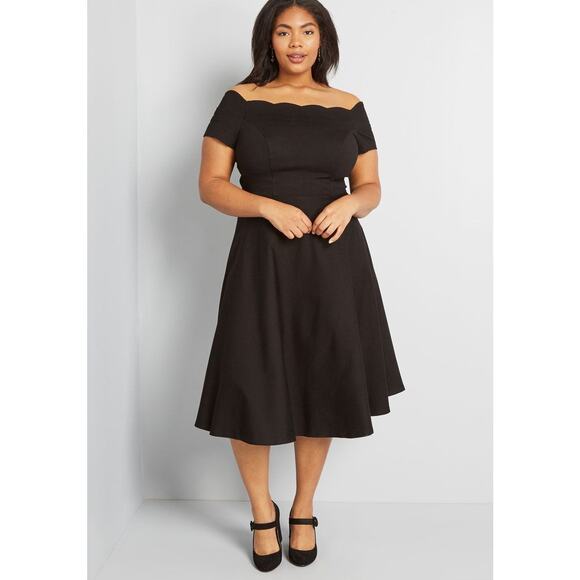 ModCloth Timeless Favorite Dress Large Ponte Scallop Off the Shoulder Midi Black - Picture 2 of 7